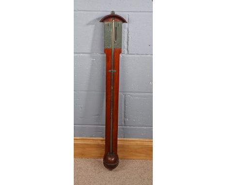 19th Century mahogany stick barometer, the curved pediment above a brass dial (AF), 93.5cm long