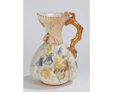 Royal Worcester blush ivory jug, handpainted with flowers and with gilt branch form handle, puce back stamp &amp; Rd No. 1671