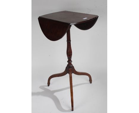 19th Century mahogany drop leaf table, the oval top above a baluster turned column and raised on tripod legs and spade feet, 