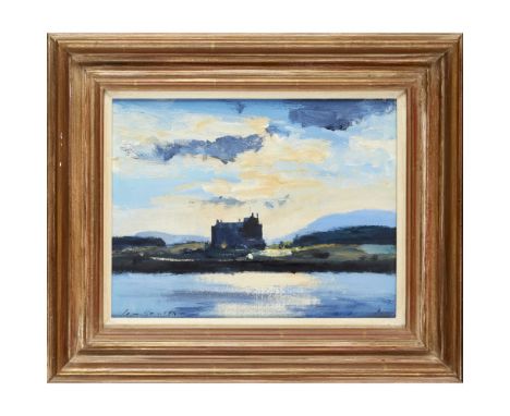 [§] IAN HOUSTON (SCOTTISH B.1934)  MULL DUART CASTLE IN VIVID LIGHT   Signed, gouache and acrylic  36 x 58cm (14in x 23in)