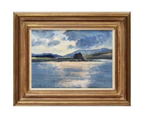 [§] IAN HOUSTON (SCOTTISH B.1934)  DUART CASTLE IN VEILED LIGHT  Signed, gouache and acrylic on board  25.5cm x 35.5cm (10in 