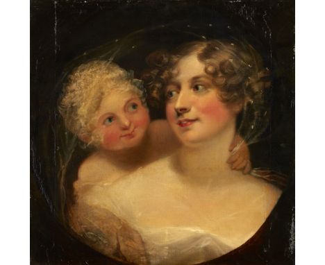 CIRCLE OF GEORGE HENRY HARLOW (BRITISH 1787-1819)  PORTRAIT OF A MOTHER AND CHILD  oil on canvas, hexagonal, unframed 57cm x 