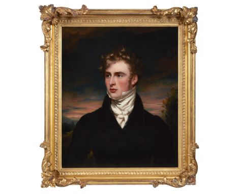CIRCLE OF SIR THOMAS LAWRENCE P.R.A. (BRITISH 1769-1830)  PORTRAIT OF A YOUNG MAN, HALF LENGTH, IN A TWILIGHT LANDSCAPE   Oil