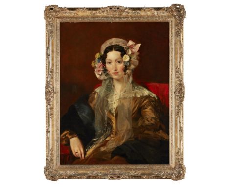 ATTRIBUTED TO ANDREW GEDDES A.R.A. (SCOTTISH 1783-1844)  HALF LENGTH PORTRAIT OF MRS JEREMIAH GREATORIX   Oil on canvas  91cm