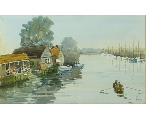 20th Century English School
Watercolour drawing
Figures rowing on river with buildings and people on shoreline, signed indist