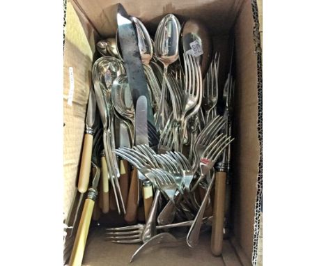 Quantity of silver plate to include Old English pattern flatware, mother of pearl handled toasting fork, serving spoons, thre