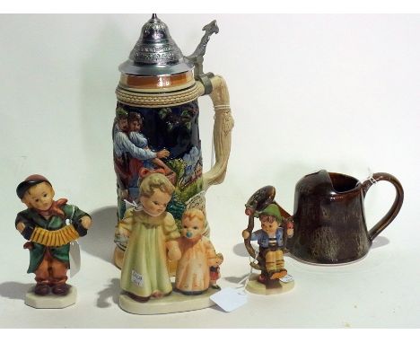 Carltonware green basket pattern dish, Hummel small ceramic figure of boy on branch, two similar figures and three other item