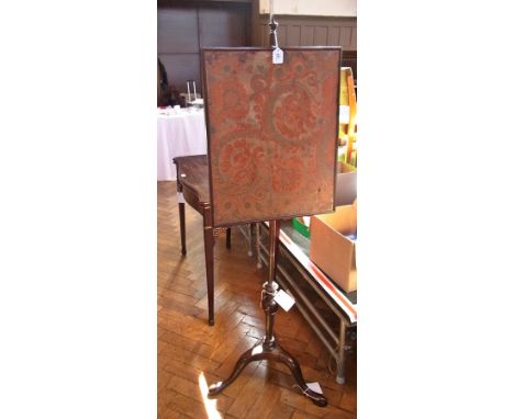 Georgian mahogany pole screen, having turned finial sliding panel, on bulbous and turned column, three scroll supports, pad f