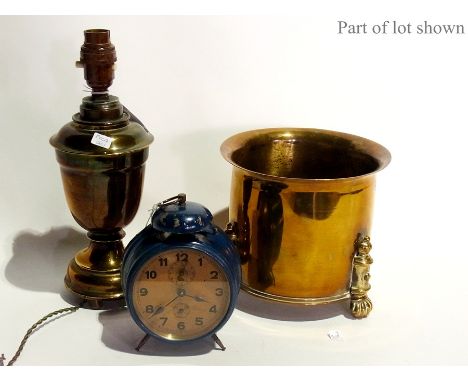 Pair turned wooden candlesticks with metal mounts, two table lamps, a blue metal alarm clock, a shell case jardiniere, etc. 