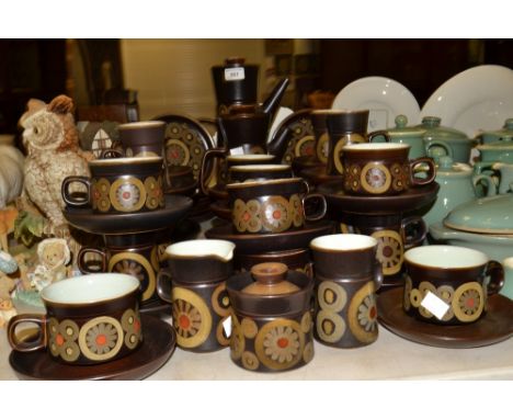 Denby - a Denby Arabesque coffee and tea service, comprising coffee pot, hot water jug, teacups, saucers, coffee cups, side p