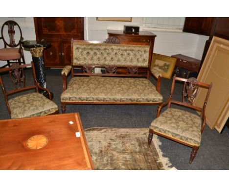 A Victorian mahogany three-piece salon suite, comprising a sofa and a pair of chairs, rectangular backs with arched crestings