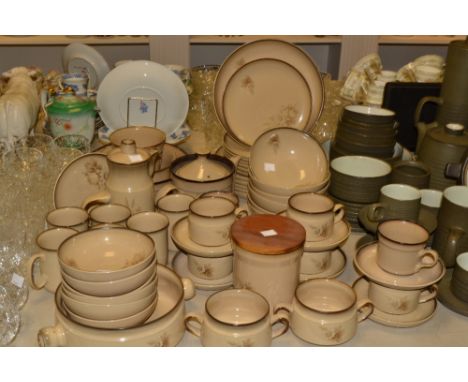 A Denby Memories pattern part dinner service, comprising plates, bowls, cups and saucers, casserole dish;  etc 