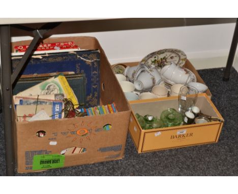 Ceramics, Books and Glass - a green pressed glass dressing table set, comprising three covered pots, two candlesticks and a p