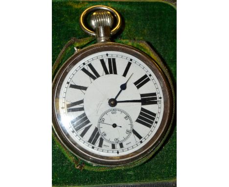 An Edwardian Goliath pocket watch, white enamel dial, bold Roman numerals, minute track, subsidiary seconds, button wind move