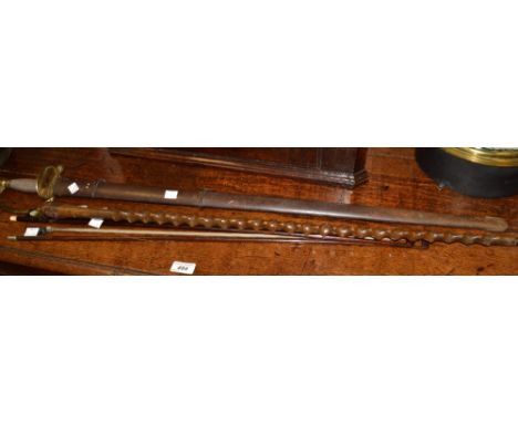 1796 Pattern Infantry Officers Sword, folding shell guard,  wire bound grip, blue and gilt blade decorated with stand of arms