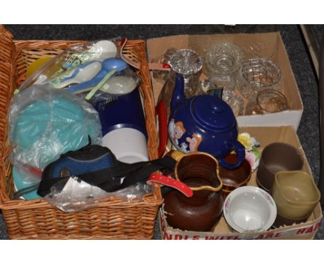 Household - Picnic hamper;   clear glass decanter;  studio ware;Minolta zoom camera;  etc 
