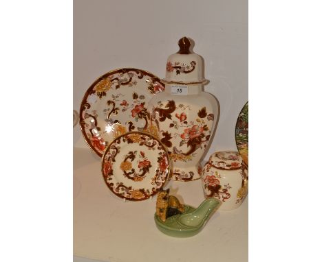 Ceramics Masons Ironstone - a large Brown Velvet pattern octagonal jar and cover; ginger jar;  plates;  etc;  a Wade Alsation