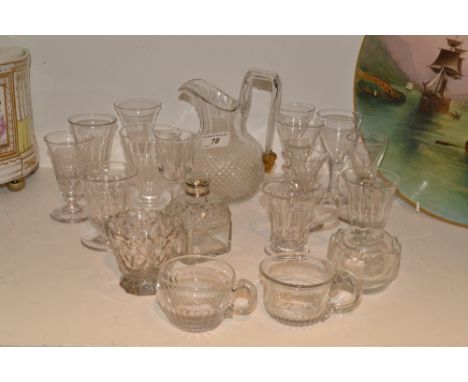 Glass - a cut glass ovoid jug, the handle terminating in a gilt metal cherub;  a pair of Victorian facet cut punch glasses;  