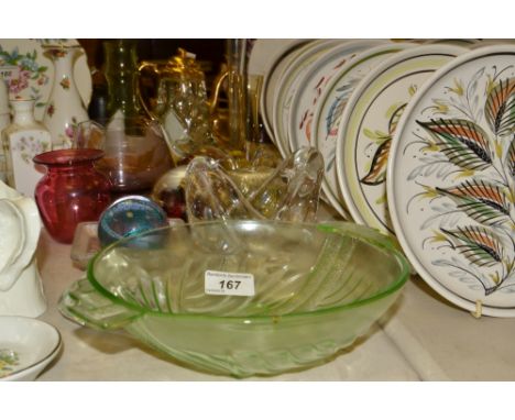 Glassware - Caithness Moonflower paperweight;  others;  apple; ;  handkerchief bowl;  cranberry; stylised bamboo glass vase; 