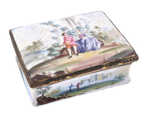 A Birmingham enamel rectangular snuff box, circa 1750-55  A Birmingham enamel rectangular snuff box,   circa 1750-55, the cov