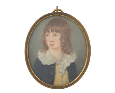 Henry Bone Portrait of a young boy with long hair  Henry Bone (1755-1834) Portrait of a young boy with long hair, in a blue c