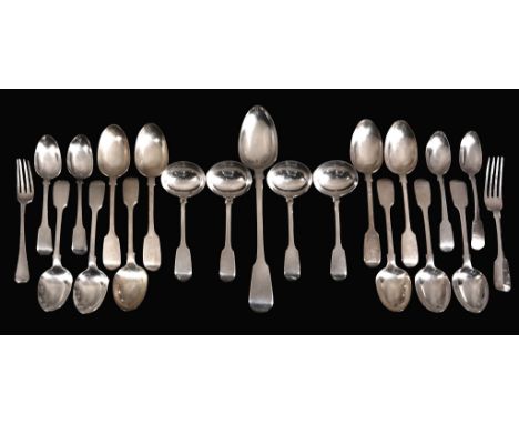 A collection of fiddle pattern flatware, comprising  A collection of fiddle pattern flatware,   comprising: Eleven table spoo