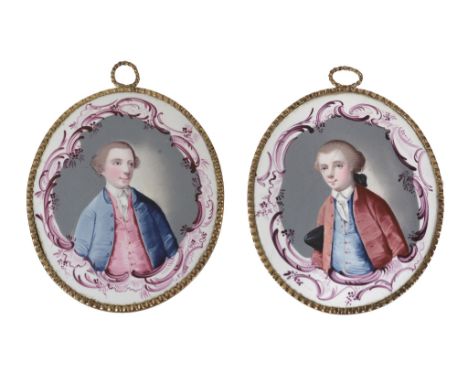 A pair of London enamel oval portrait plaques, circa 1760  A pair of London enamel oval portrait plaques, circa 1760,   each 