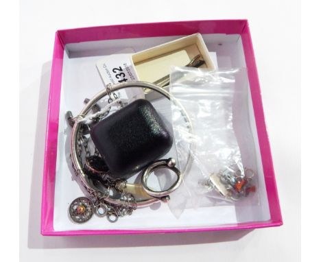 A seedpearl and black enamel ring, pair silver Celtic knot-pattern earrings, Art Nouveau style silver-coloured metal and moth