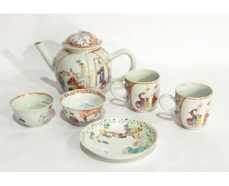 18th century Chinese porcelain bullet-shaped teapot, figure decorated, two similar porcelain coffee cups, saucer and two tea 