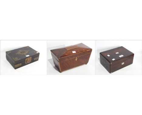 A 19th century mahogany sarcophagus-shaped tea caddy, Victorian rosewood workbox and oriental brass-bound hardwood jewel box 