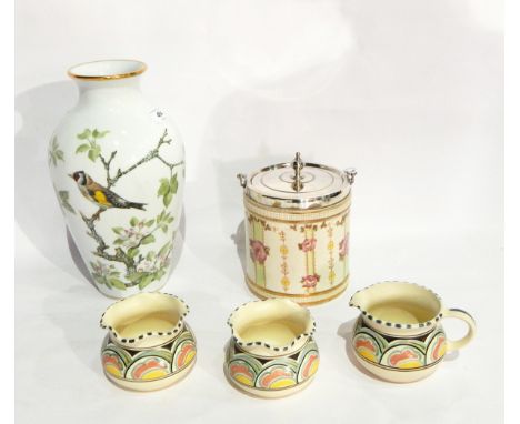 Three pieces of Honiton pottery, Devonware pottery, silver plated biscuit box and Franklin woodland bird vase