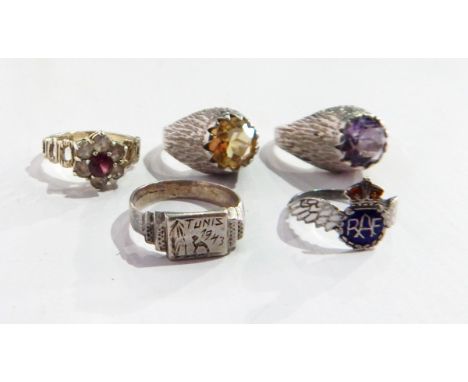 Two modern silver rings of textured design, one set with an amethyst, the other with a citrine, an enamel RAF wings ring and 