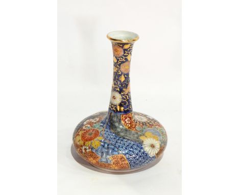 Japanese porcelain vase, ball and shaft design with enamel and gilt floral decorated flared ring neck to spirally ribboned fl