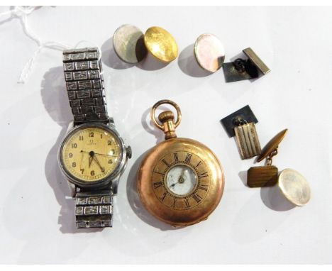 A gent's Omega bracelet watch, the expanding bracelet with textured finish, a rolled gold half-hunter pocket watch, a pair of