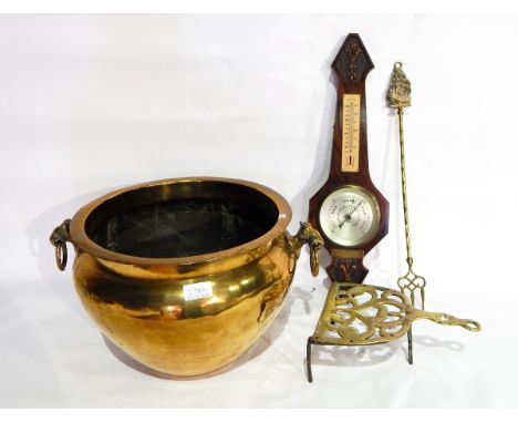 A large brass jardiniere with ring handles, an oak barometer, a trivet, etc. 