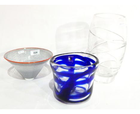 A Kosta Boda signed glass bowl with red enamel rim, a heavy barrel-shaped flower vase and a Vrigstad Kristall Hytta (3) 