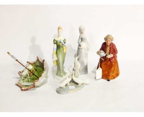 Royal Doulton figure "Teatime", another "Lorna" HN2311, Nao goose group, Capodimonte style porcelain parasol and other figure