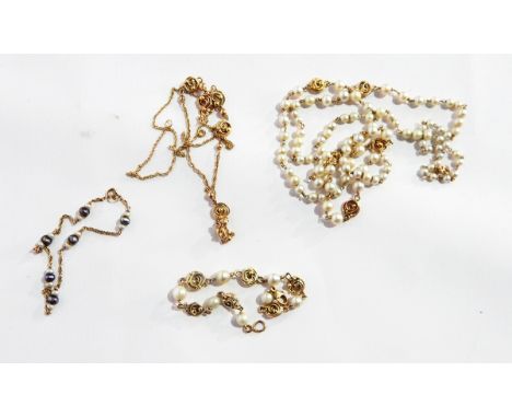 A gold-coloured pearl necklace, the cultured pearls interspersed with spiral design links, the clasp marked 375 and a matchin