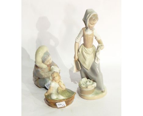 Royal Copenhagen figure ( Thumbelina?), Llandro Eskimo boy hugging a polar bear cub and a Nao  figure Washer Girl (3)