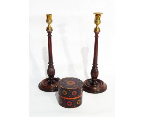 A pair of mahogany turned table lamps, a pair of treen and brass candlesticks, a set of cylindrical lacquer boxes, a hunting 