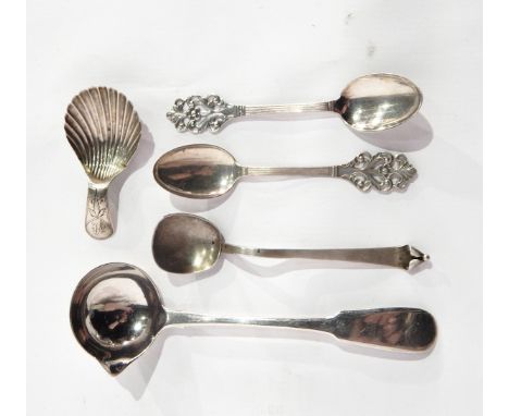 A silver jam spoon by Anthony Hawksley, London 1992, a George III Irish silver soup ladle, Dublin 1819, a George III silver c