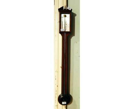 Reproduction inlaid mahogany stick barometer by O Comitti & Son, London, having broken triangular pediment, chequered inlay, 