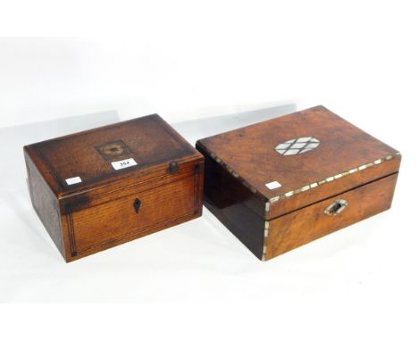 An oak jewellery box and a walnut writing box with mother-of-pearl inlay 