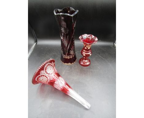 2 cranberry/Ruby red vases and epergne flute