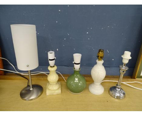 5 Table lamps to include 2 onyx lamps and one pottery lamp (no plugs)&nbsp;