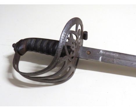 A Victorian 1827 pattern rifle officers sword, the pierced steel basket hilt with strung bugle emblem, shagreen grip, joining