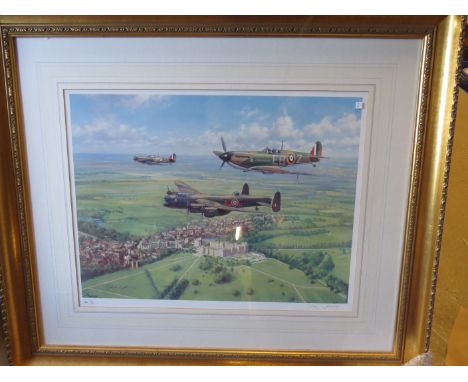 A framed and glazed limited edition print of Spitfires by John Young, pencil signed and numbered 77/495