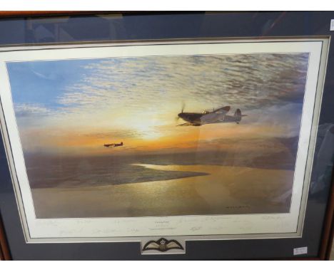 A presentation copy of the limited-edition print 'Evening Patrol' depicting Spitfires of 610 Squadron in flight during Winter