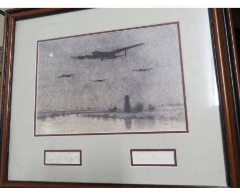 A print of Lancaster bombers in flight, signed by two veterans including David Shannon, framed and glazed