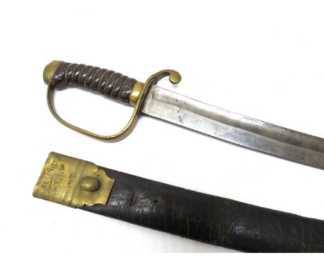 A Victorian regulation Police hanger, the brass form hilt with ribbed leather grip joining a curved single filler plain blade